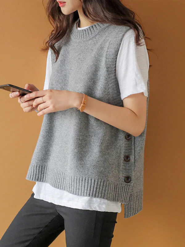 Simple Sleeveless Loose Buttoned Solid Color Round-Neck Sweater Vest Outerwear - Image 2