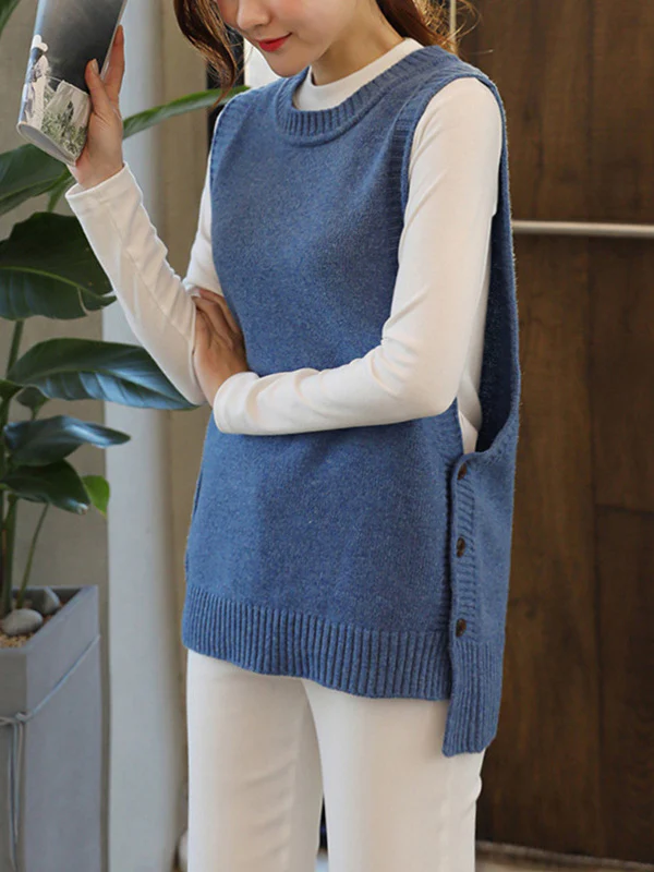 Simple Sleeveless Loose Buttoned Solid Color Round-Neck Sweater Vest Outerwear - Image 3