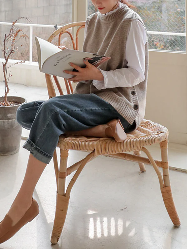 Simple Sleeveless Loose Buttoned Solid Color Round-Neck Sweater Vest Outerwear - Image 4