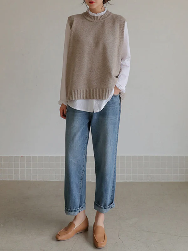 Simple Sleeveless Loose Buttoned Solid Color Round-Neck Sweater Vest Outerwear - Image 5