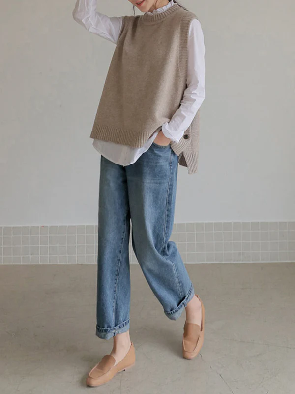 Simple Sleeveless Loose Buttoned Solid Color Round-Neck Sweater Vest Outerwear - Image 6
