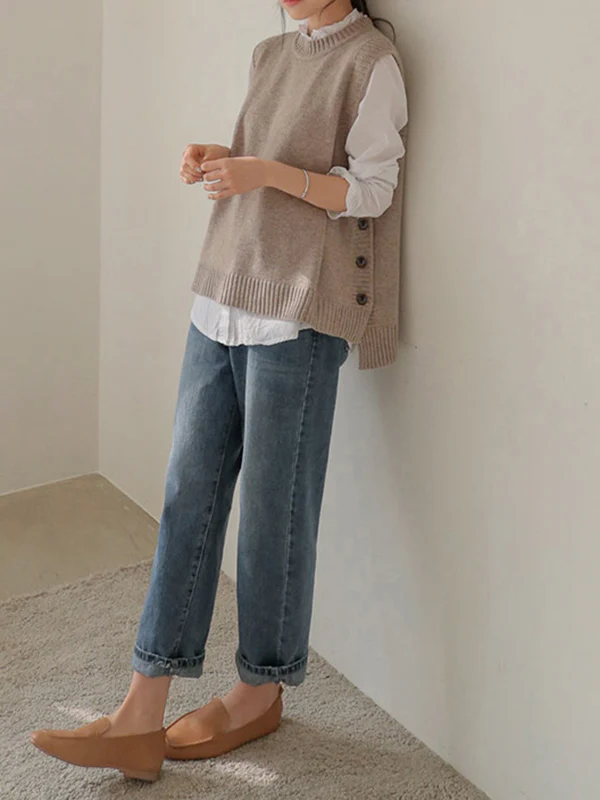 Simple Sleeveless Loose Buttoned Solid Color Round-Neck Sweater Vest Outerwear - Image 7