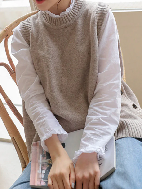 Simple Sleeveless Loose Buttoned Solid Color Round-Neck Sweater Vest Outerwear - Image 8