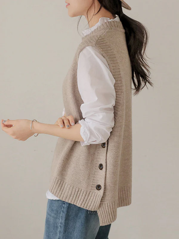 Simple Sleeveless Loose Buttoned Solid Color Round-Neck Sweater Vest Outerwear - Image 9