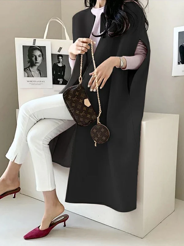 Simple Sleeveless Solid Color Round-Neck Cape Outerwear - Image 3