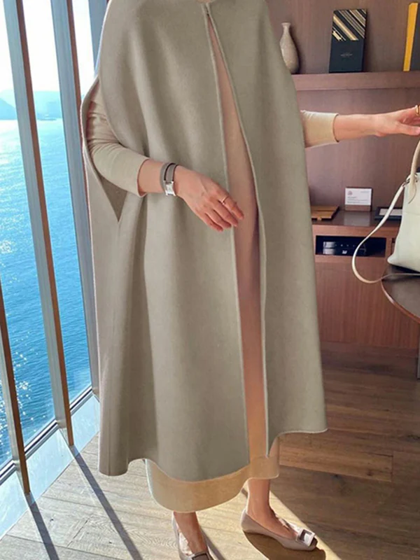 Simple Sleeveless Solid Color Round-Neck Cape Outerwear - Image 4