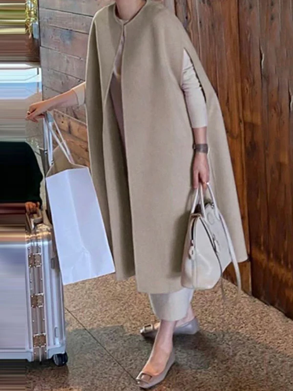 Simple Sleeveless Solid Color Round-Neck Cape Outerwear - Image 5