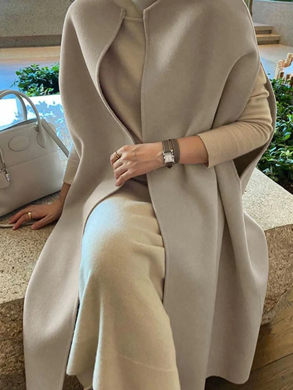 Simple Sleeveless Solid Color Round-Neck Cape Outerwear - Image 6