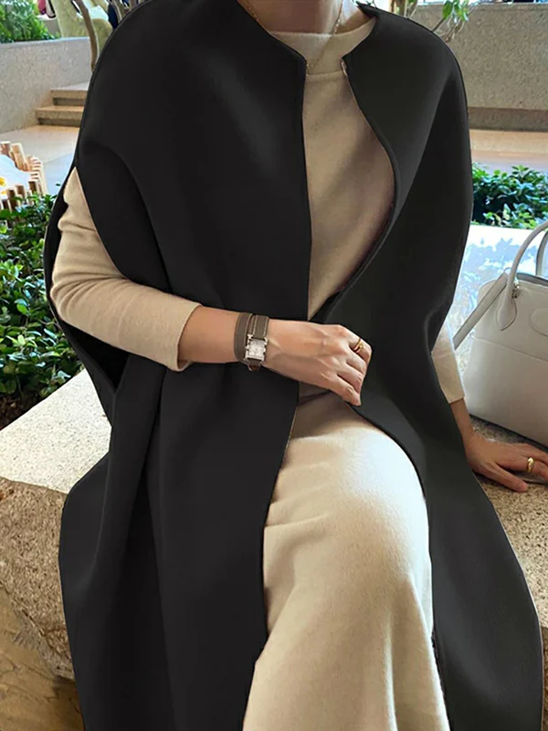 Simple Sleeveless Solid Color Round-Neck Cape Outerwear - Image 7