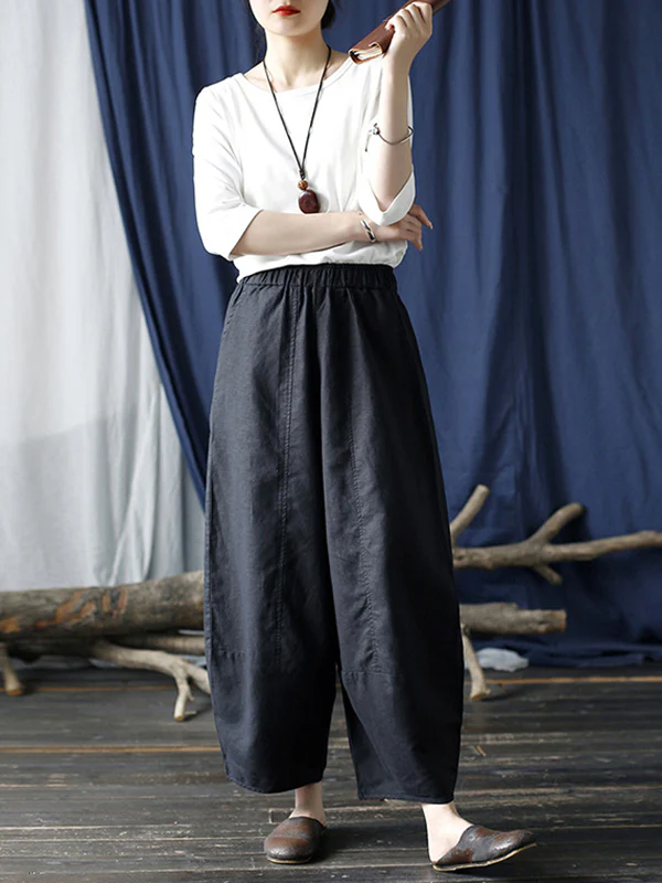 Simple Solid Color Elasticity Waisted Wide Leg Pants - Image 14