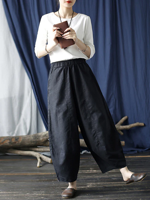 Simple Solid Color Elasticity Waisted Wide Leg Pants - Image 15