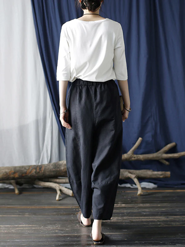 Simple Solid Color Elasticity Waisted Wide Leg Pants - Image 16