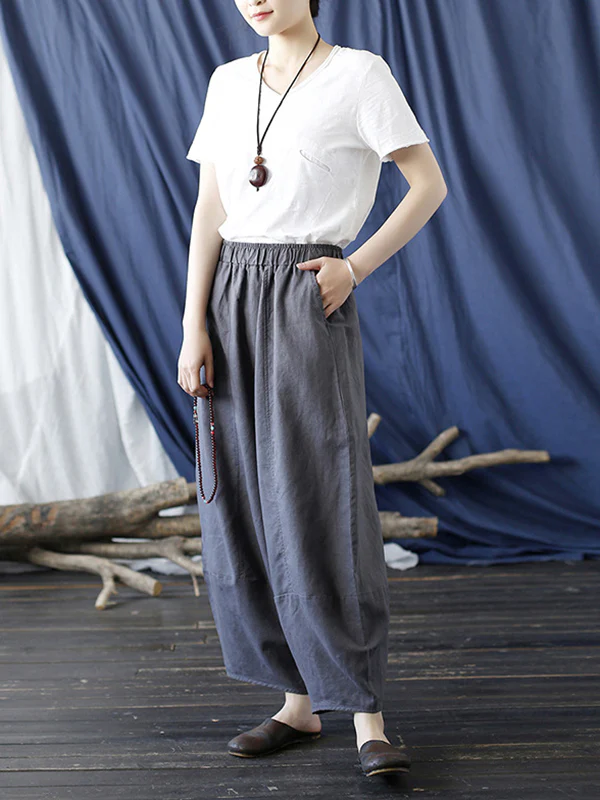 Simple Solid Color Elasticity Waisted Wide Leg Pants - Image 18