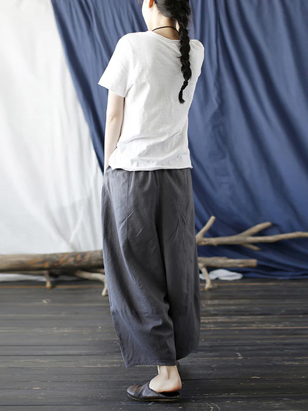 Simple Solid Color Elasticity Waisted Wide Leg Pants - Image 19