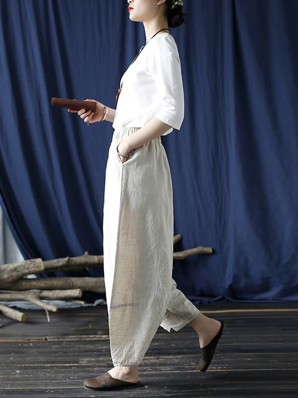 Simple Solid Color Elasticity Waisted Wide Leg Pants - Image 20
