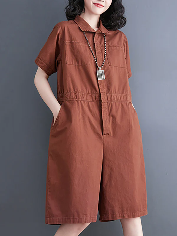 Simple Solid Color Lapel Short Sleeve Jumpsuits - Image 10