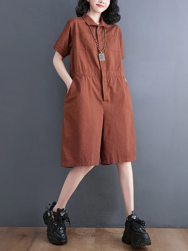 Simple Solid Color Lapel Short Sleeve Jumpsuits - Image 11
