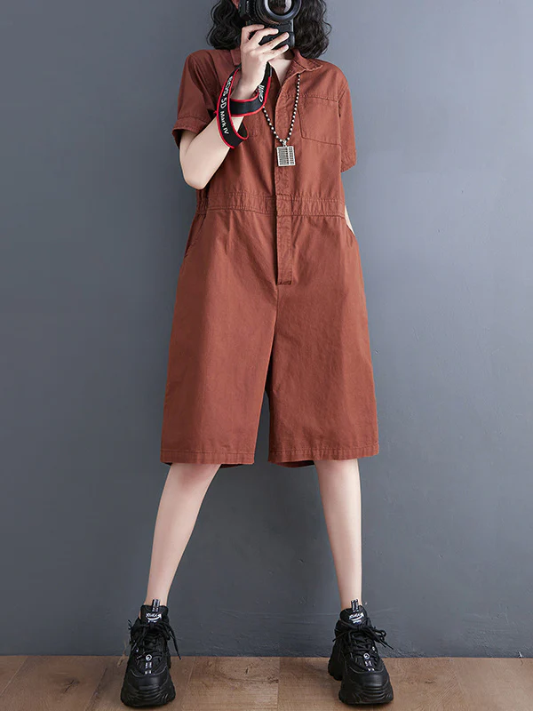 Simple Solid Color Lapel Short Sleeve Jumpsuits - Image 12