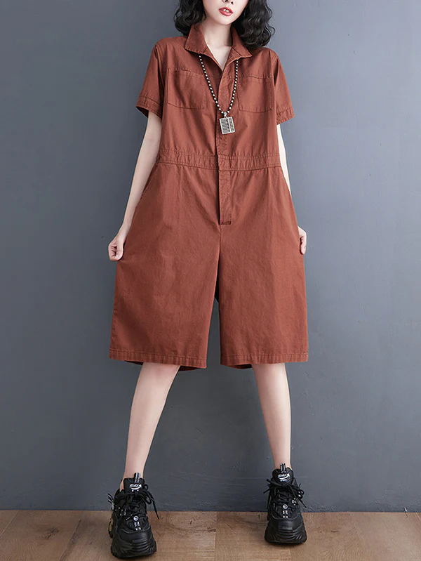 Simple Solid Color Lapel Short Sleeve Jumpsuits - Image 13