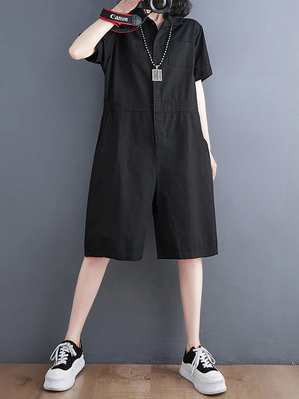 Simple Solid Color Lapel Short Sleeve Jumpsuits - Image 2