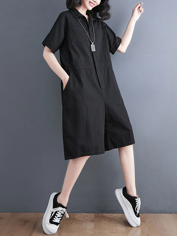 Simple Solid Color Lapel Short Sleeve Jumpsuits - Image 3