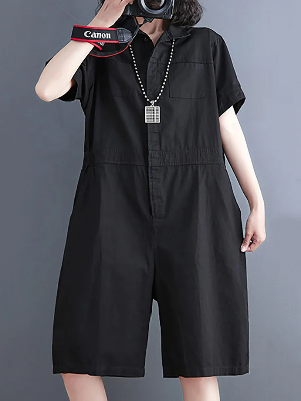 Simple Solid Color Lapel Short Sleeve Jumpsuits - Image 4