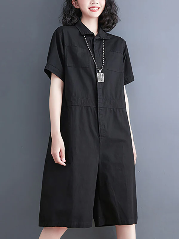 Simple Solid Color Lapel Short Sleeve Jumpsuits - Image 5