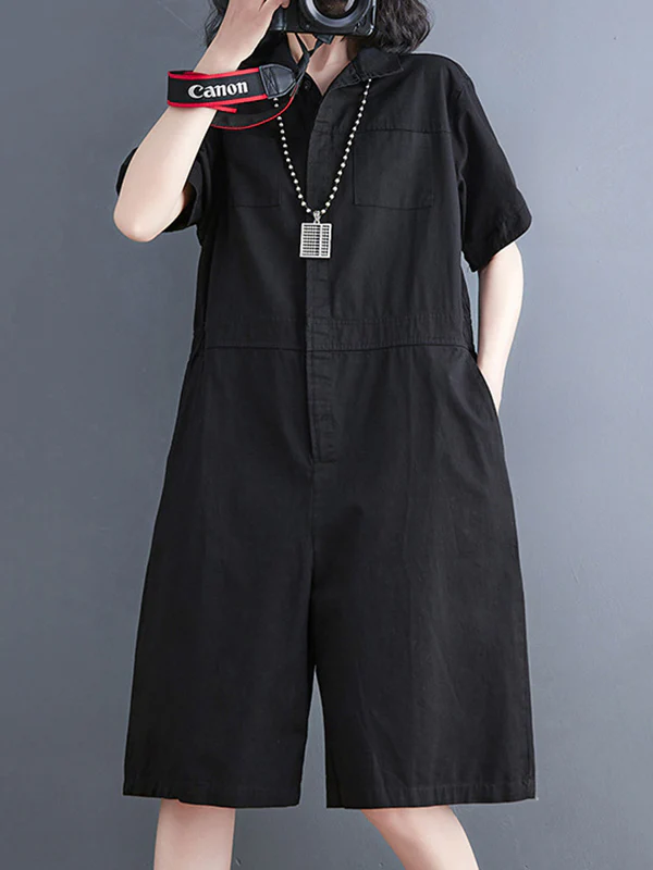 Simple Solid Color Lapel Short Sleeve Jumpsuits - Image 6