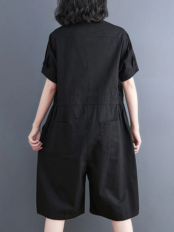 Simple Solid Color Lapel Short Sleeve Jumpsuits - Image 7