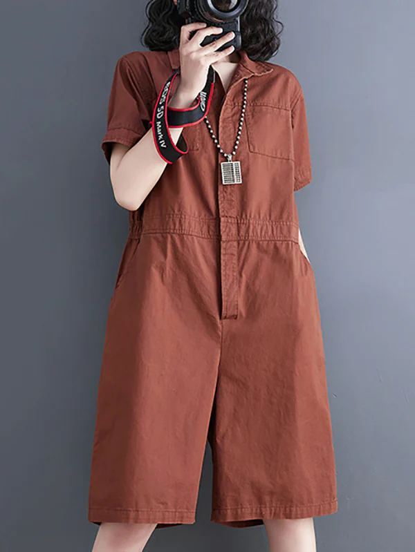 Simple Solid Color Lapel Short Sleeve Jumpsuits - Image 8
