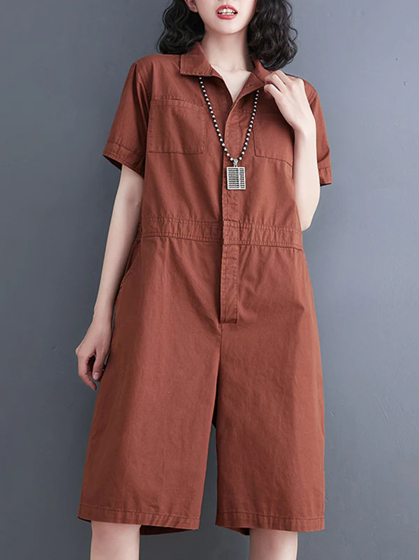Simple Solid Color Lapel Short Sleeve Jumpsuits - Image 9