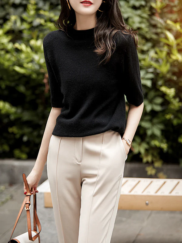 Simple Solid Color Round-Neck Short Sleeves Sweater - Image 10