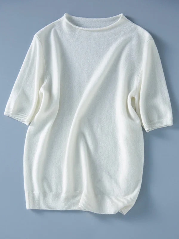 Simple Solid Color Round-Neck Short Sleeves Sweater - Image 11