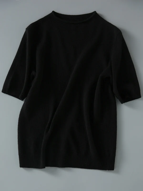 Simple Solid Color Round-Neck Short Sleeves Sweater - Image 12