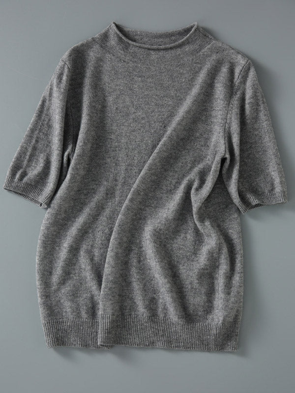 Simple Solid Color Round-Neck Short Sleeves Sweater - Image 13