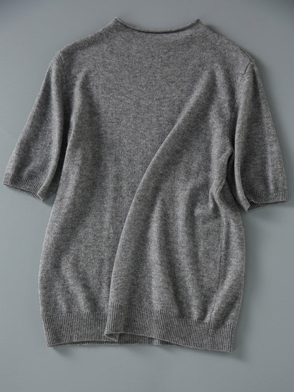 Simple Solid Color Round-Neck Short Sleeves Sweater - Image 14