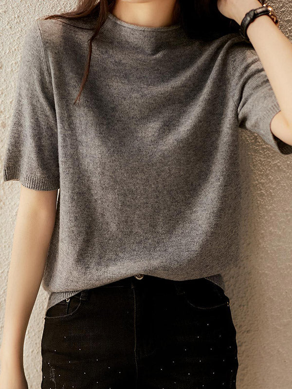 Simple Solid Color Round-Neck Short Sleeves Sweater - Image 2