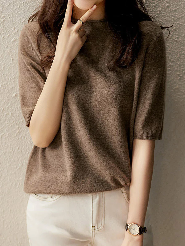 Simple Solid Color Round-Neck Short Sleeves Sweater - Image 4
