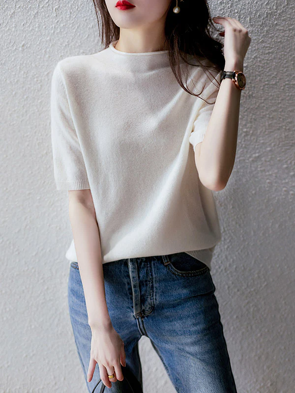 Simple Solid Color Round-Neck Short Sleeves Sweater - Image 6