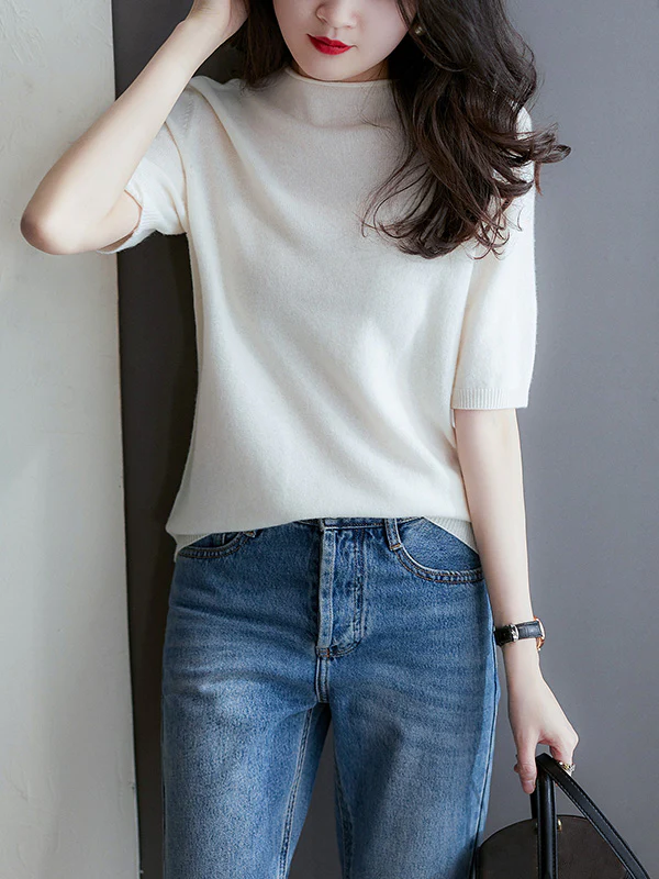 Simple Solid Color Round-Neck Short Sleeves Sweater - Image 7