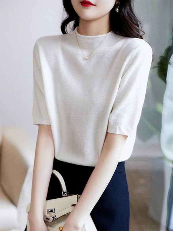 Simple Solid Color Round-Neck Short Sleeves Sweater - Image 8