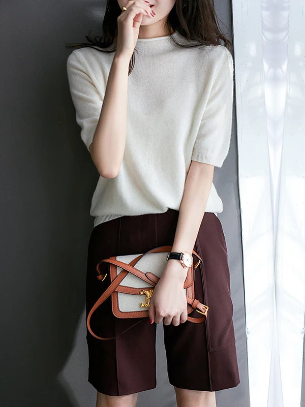 Simple Solid Color Round-Neck Short Sleeves Sweater - Image 9
