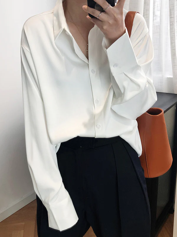 Simple Solid Color Satin Chiffon Long Sleeve Blouse - Image 2