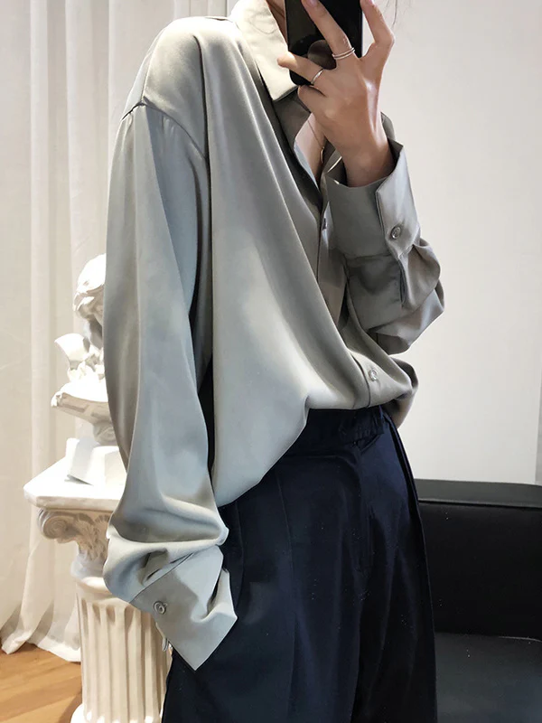 Simple Solid Color Satin Chiffon Long Sleeve Blouse - Image 5