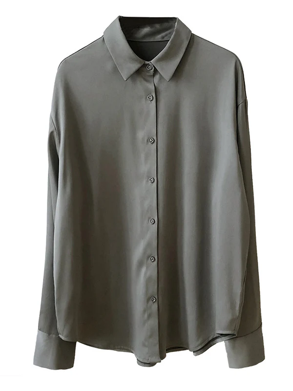 Simple Solid Color Satin Chiffon Long Sleeve Blouse - Image 6
