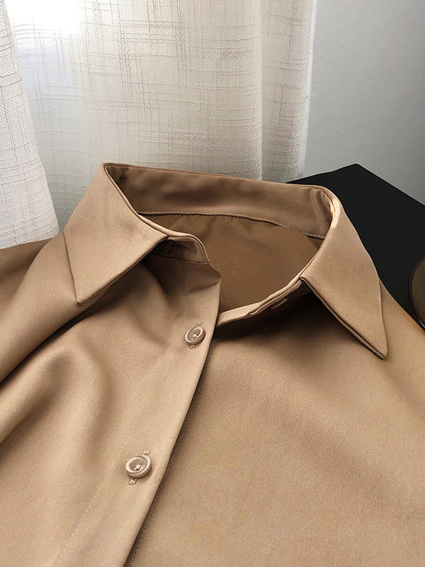 Simple Solid Color Satin Chiffon Long Sleeve Blouse - Image 9