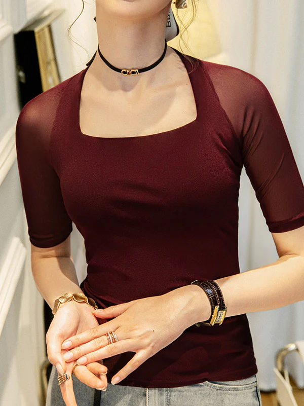 Simple Solid Color Square-Neck Half Sleeves Shirt - Image 10