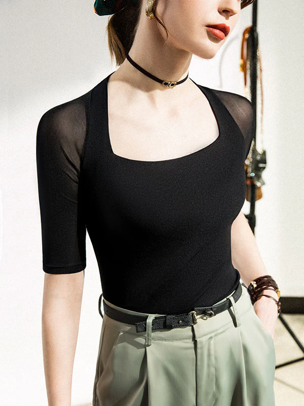 Simple Solid Color Square-Neck Half Sleeves Shirt - Image 12