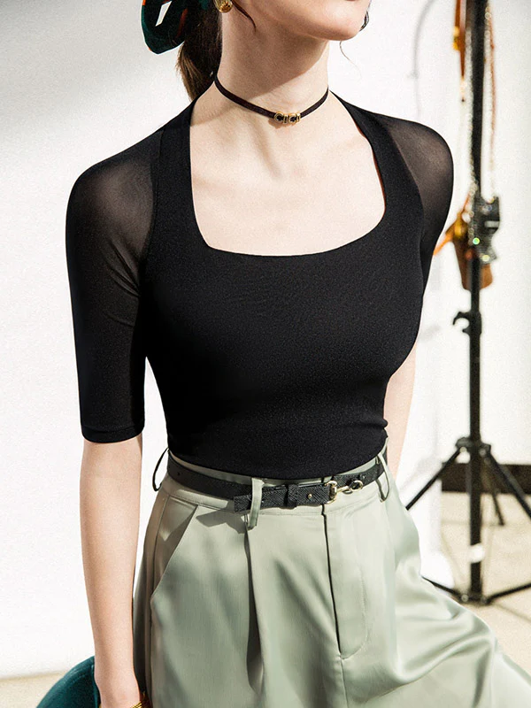 Simple Solid Color Square-Neck Half Sleeves Shirt - Image 13