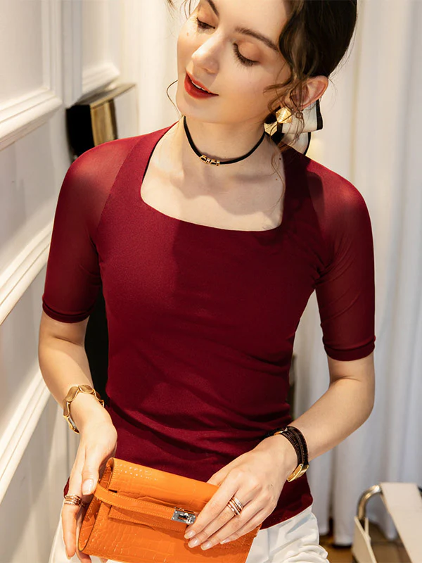 Simple Solid Color Square-Neck Half Sleeves Shirt - Image 17